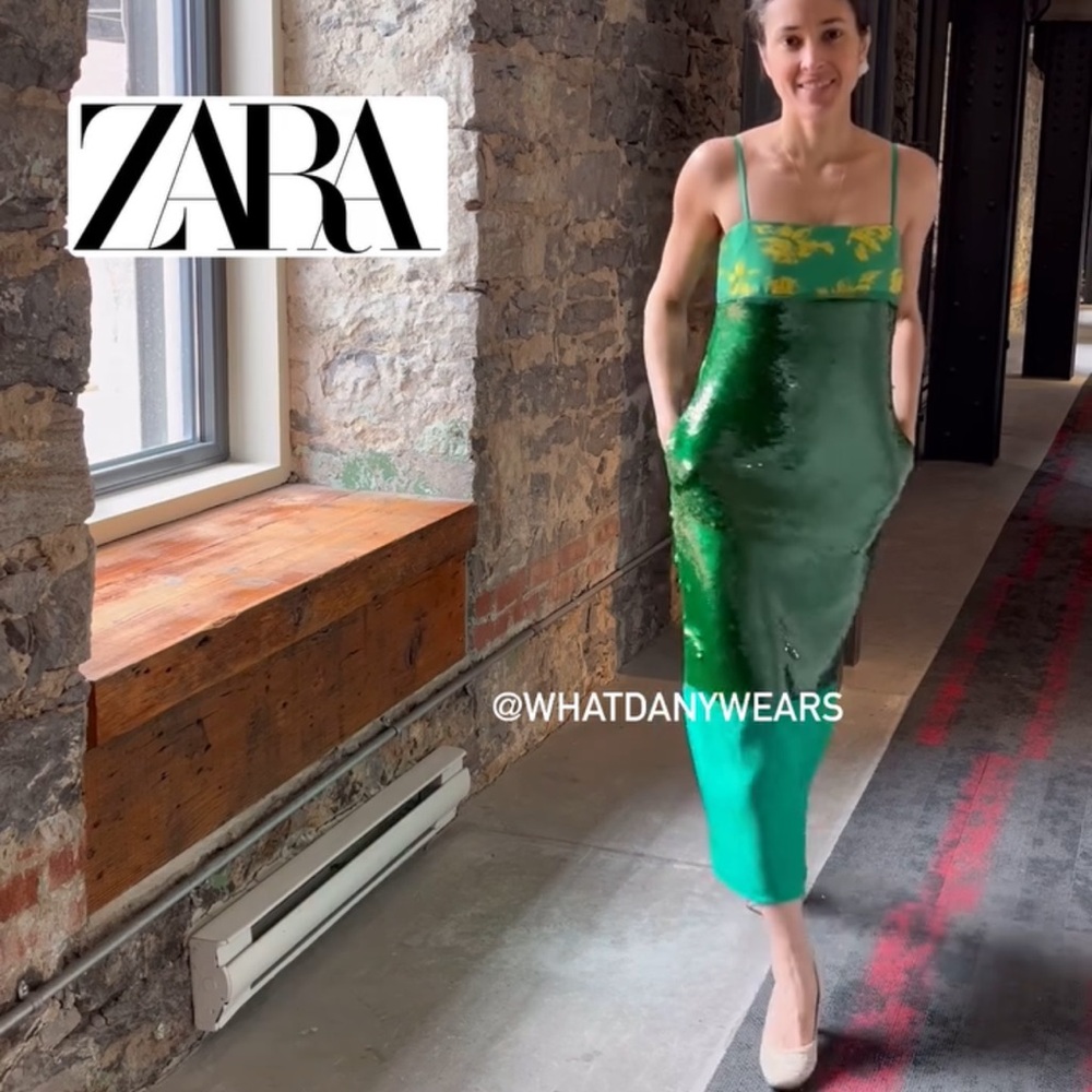Zara Green Sequin & Teal Colorblock Midi Dress - Picture 10 of 14